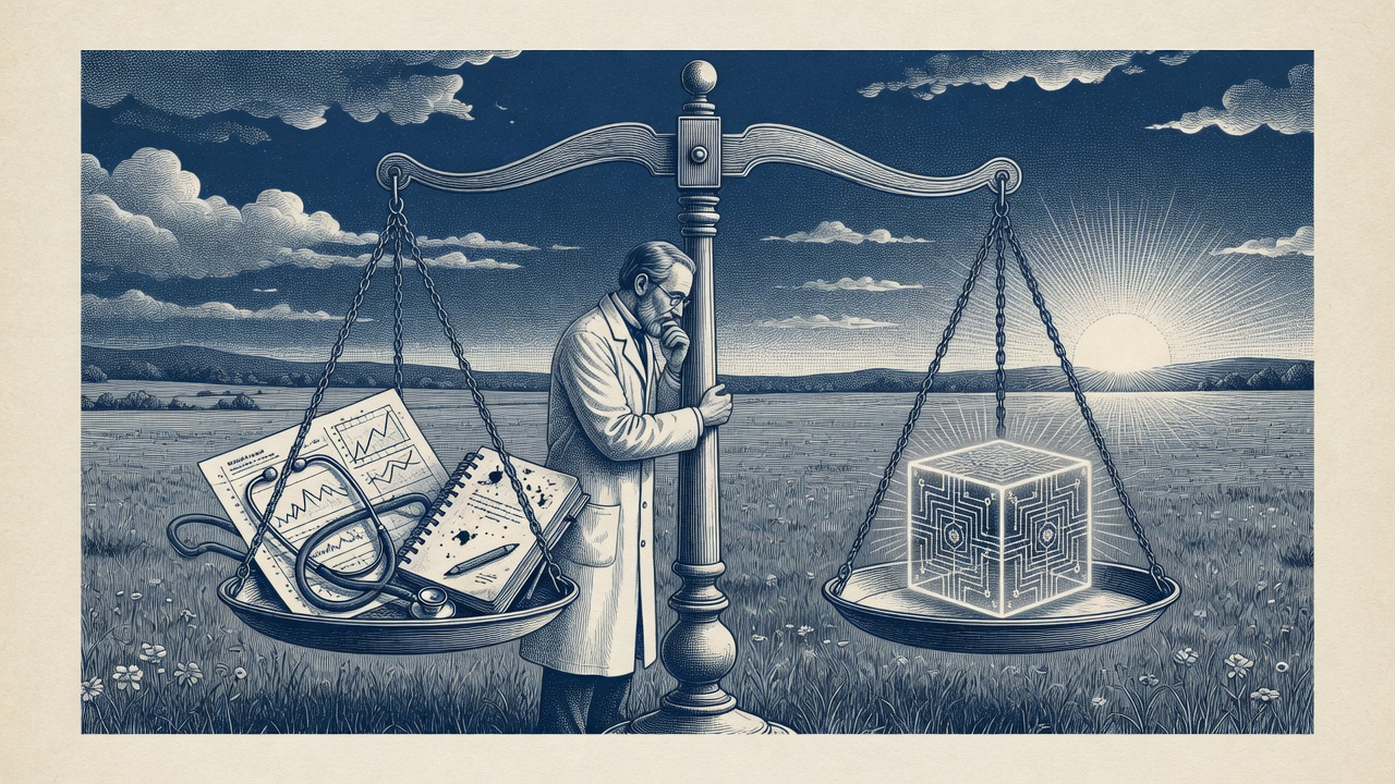 Physician balancing analog clinical tools against a glowing digital cube